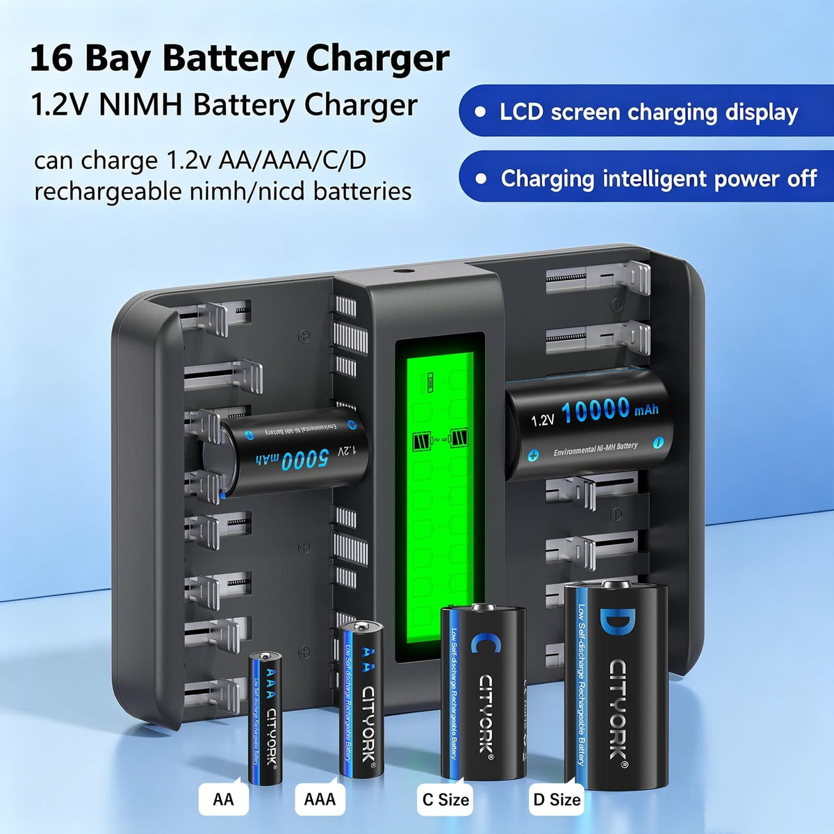 16 Bay AA AAA C D NiMH Battery Charger with LCD Display C1334