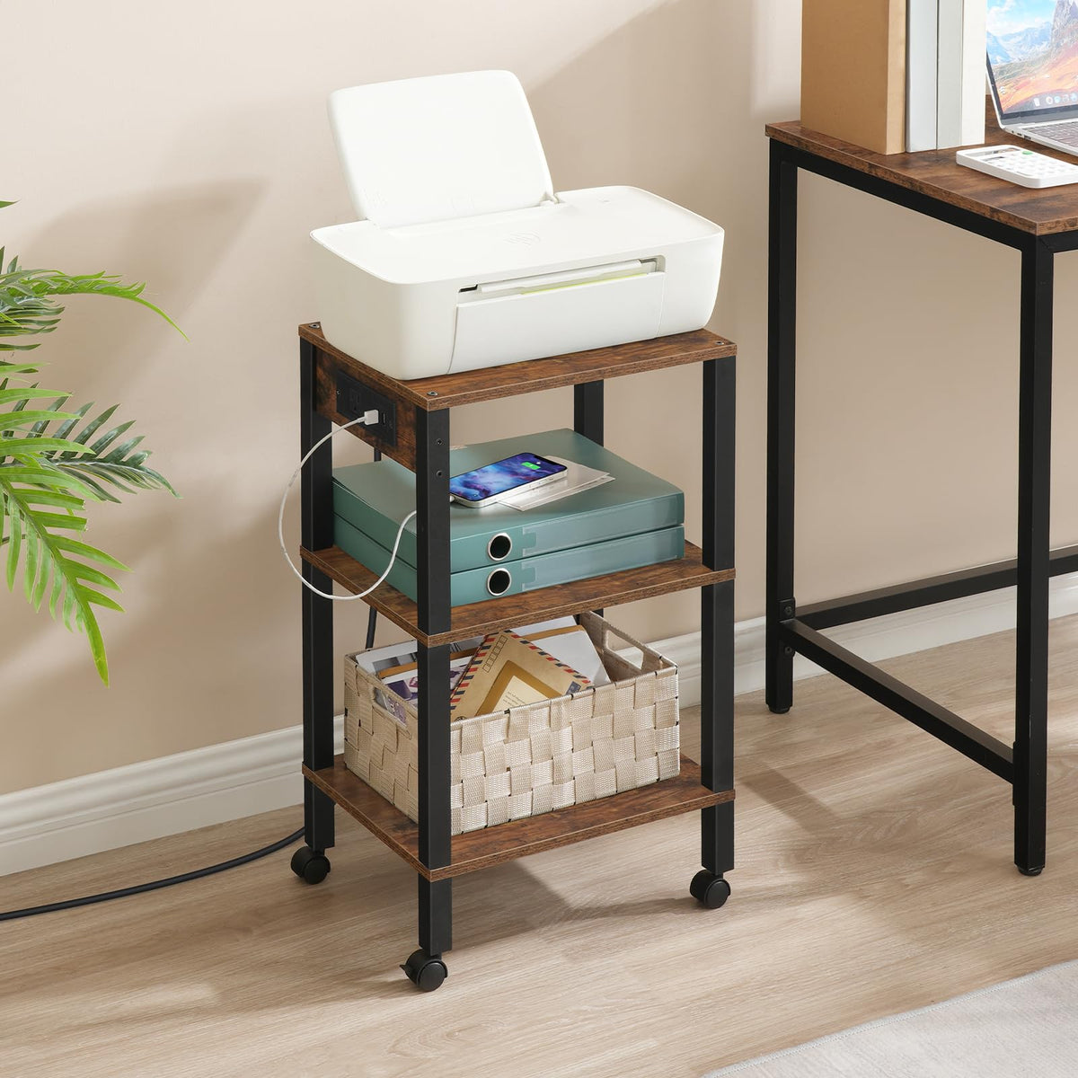 3-Tier Printer Stand with Charging Station and Storage Shelves I7866