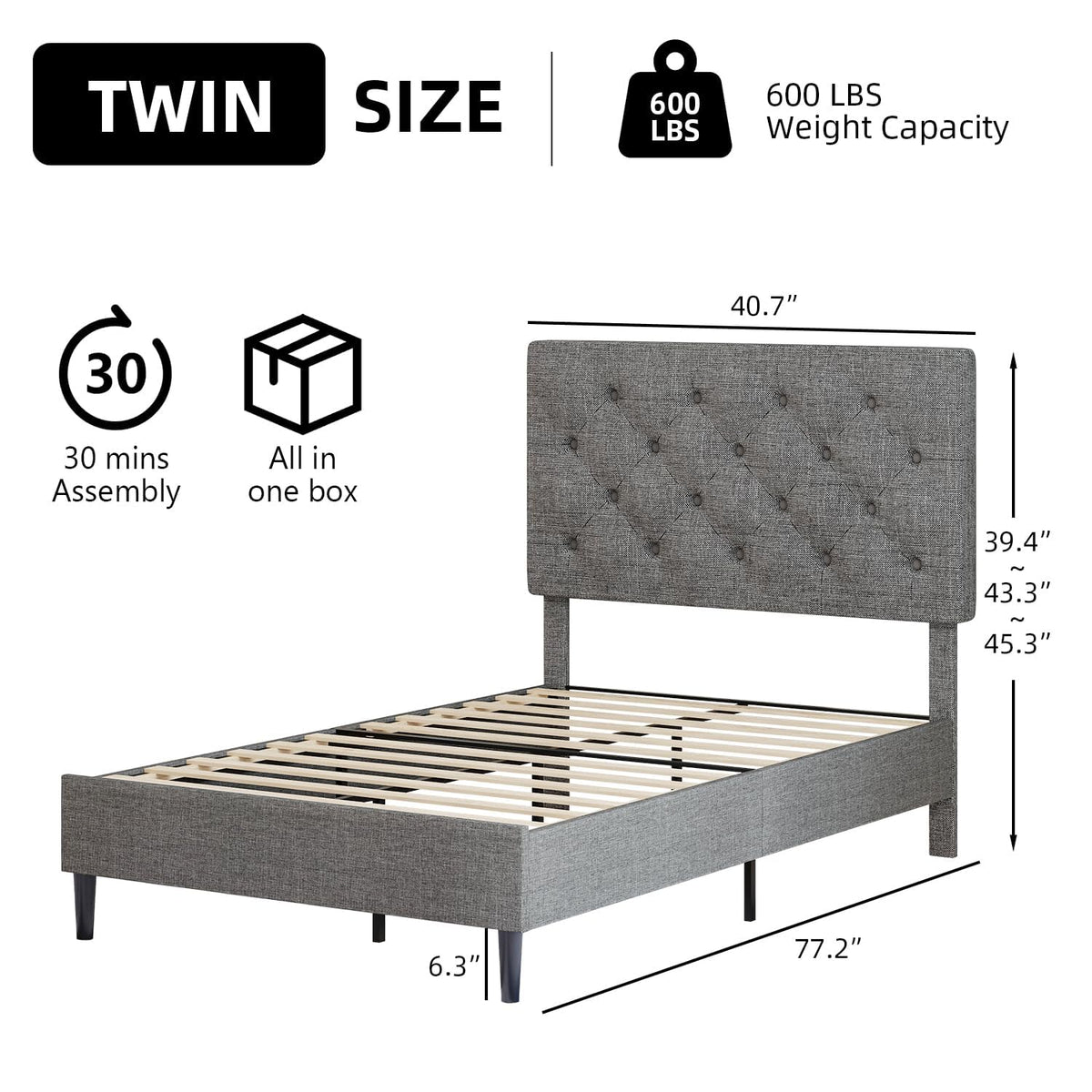 Light Grey Twin Bed Frame with Adjustable Tufted Headboard J6610