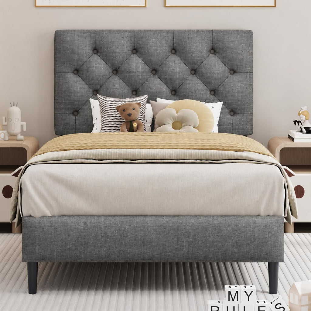 Light Grey Twin Bed Frame with Adjustable Tufted Headboard J6610