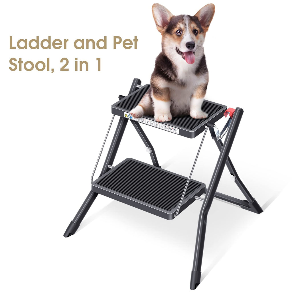 Folding Step Ladder, 2 Step Step Stool with Handle, Black T903346