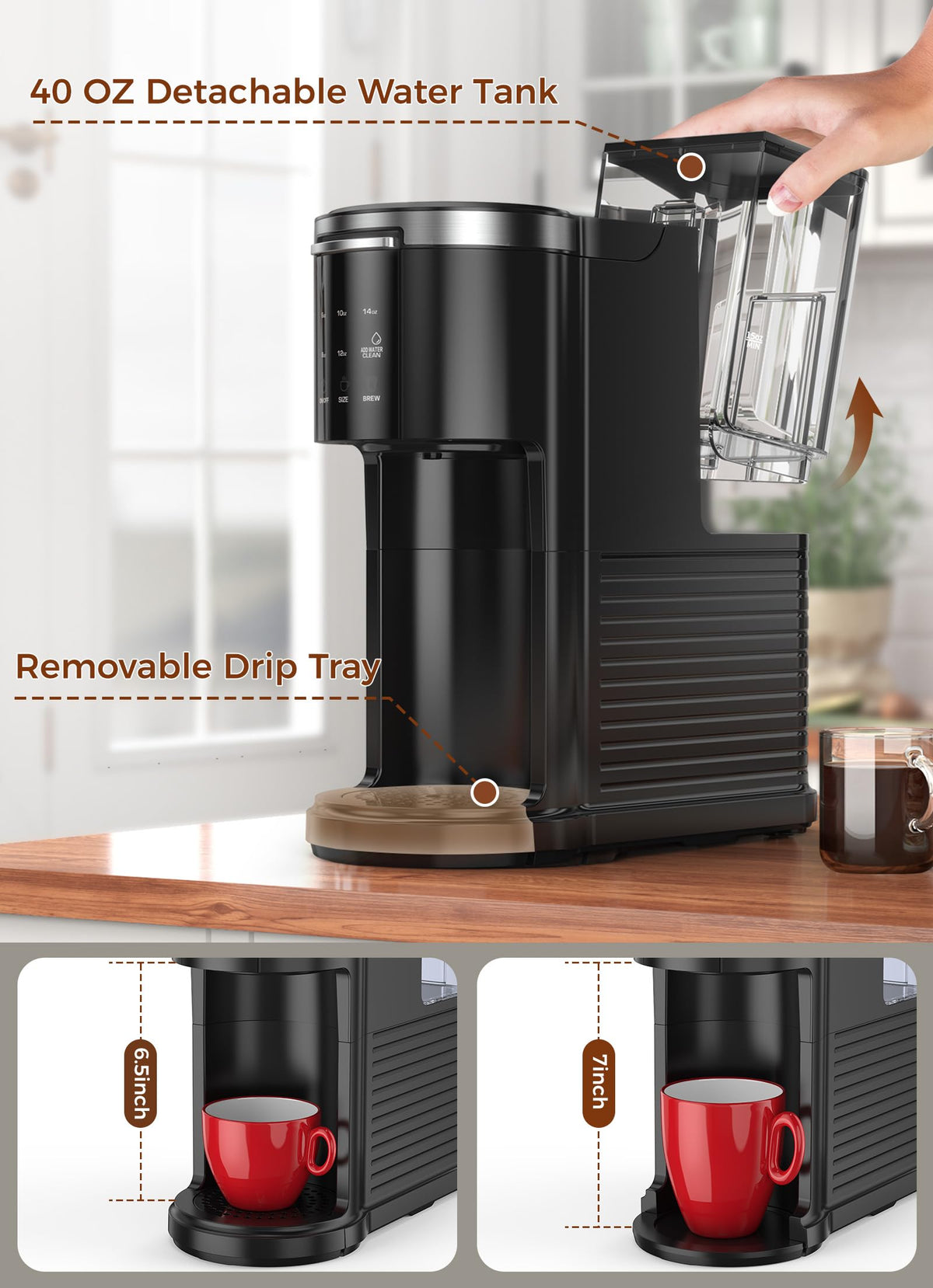 Single Serve Coffee Maker with 40 Oz Water Tank, 5 Brew Sizes, Black P968070