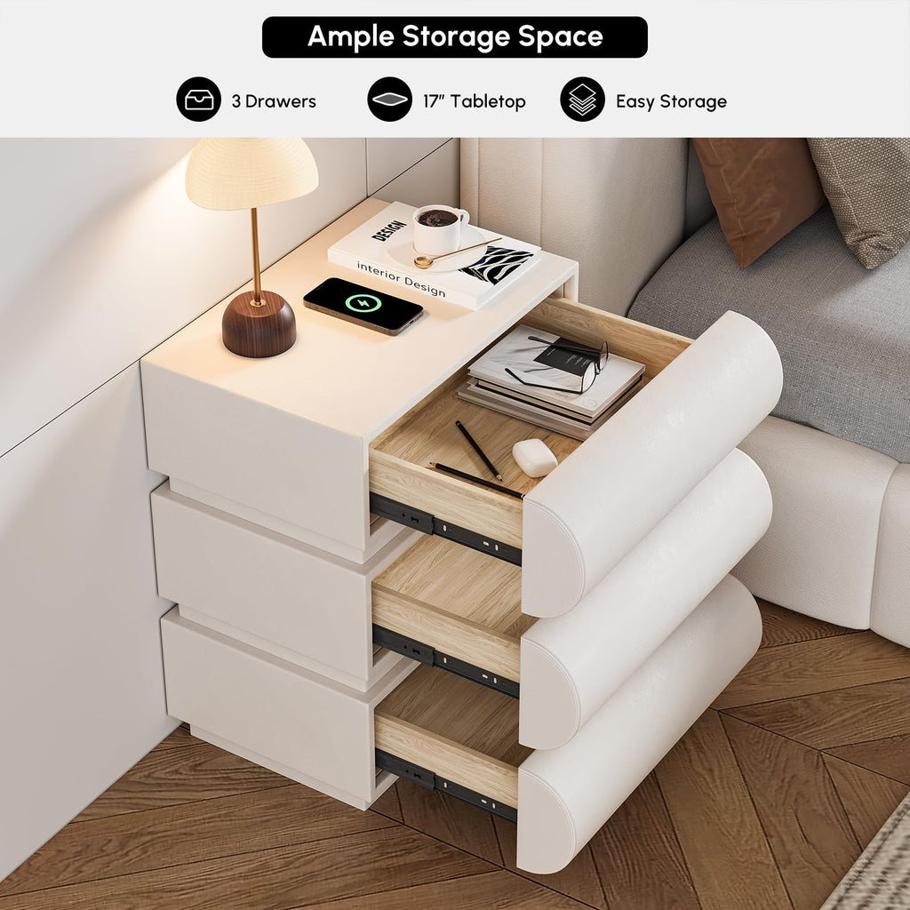 Off White Faux Leather 3 Drawer Nightstand Q54723
