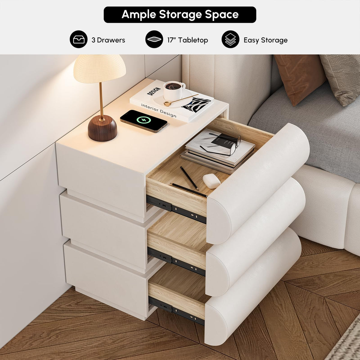 Off White Faux Leather 3 Drawer Nightstand Q54723