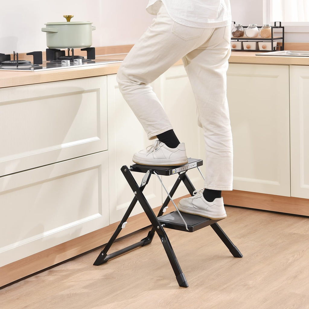 Folding Step Ladder, 2 Step Step Stool with Handle, Black T903346