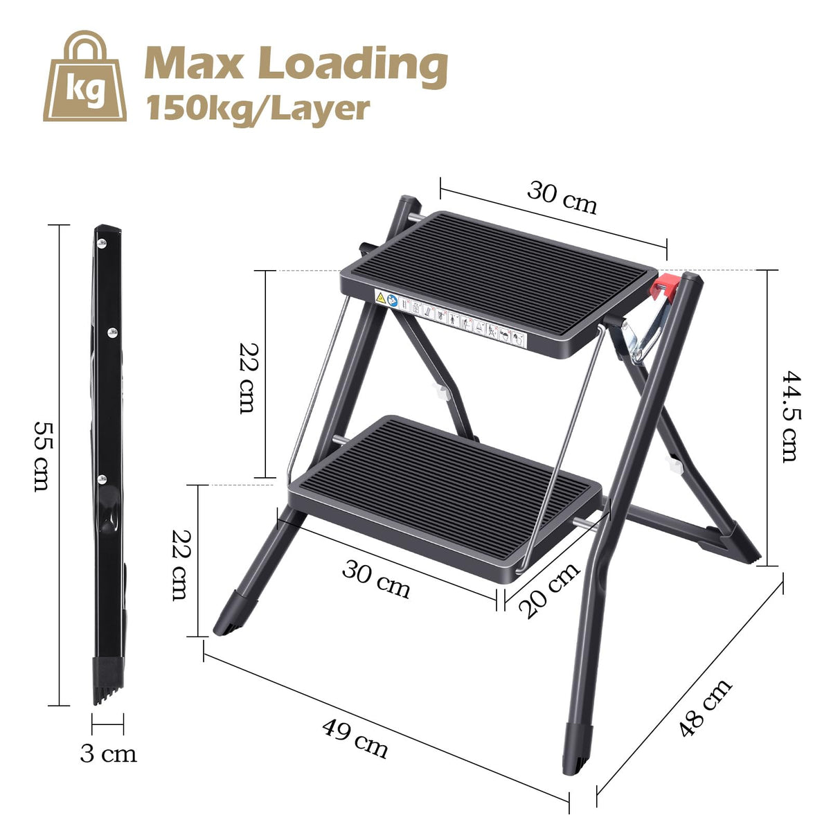 Folding Step Ladder, 2 Step Step Stool with Handle, Black T903346