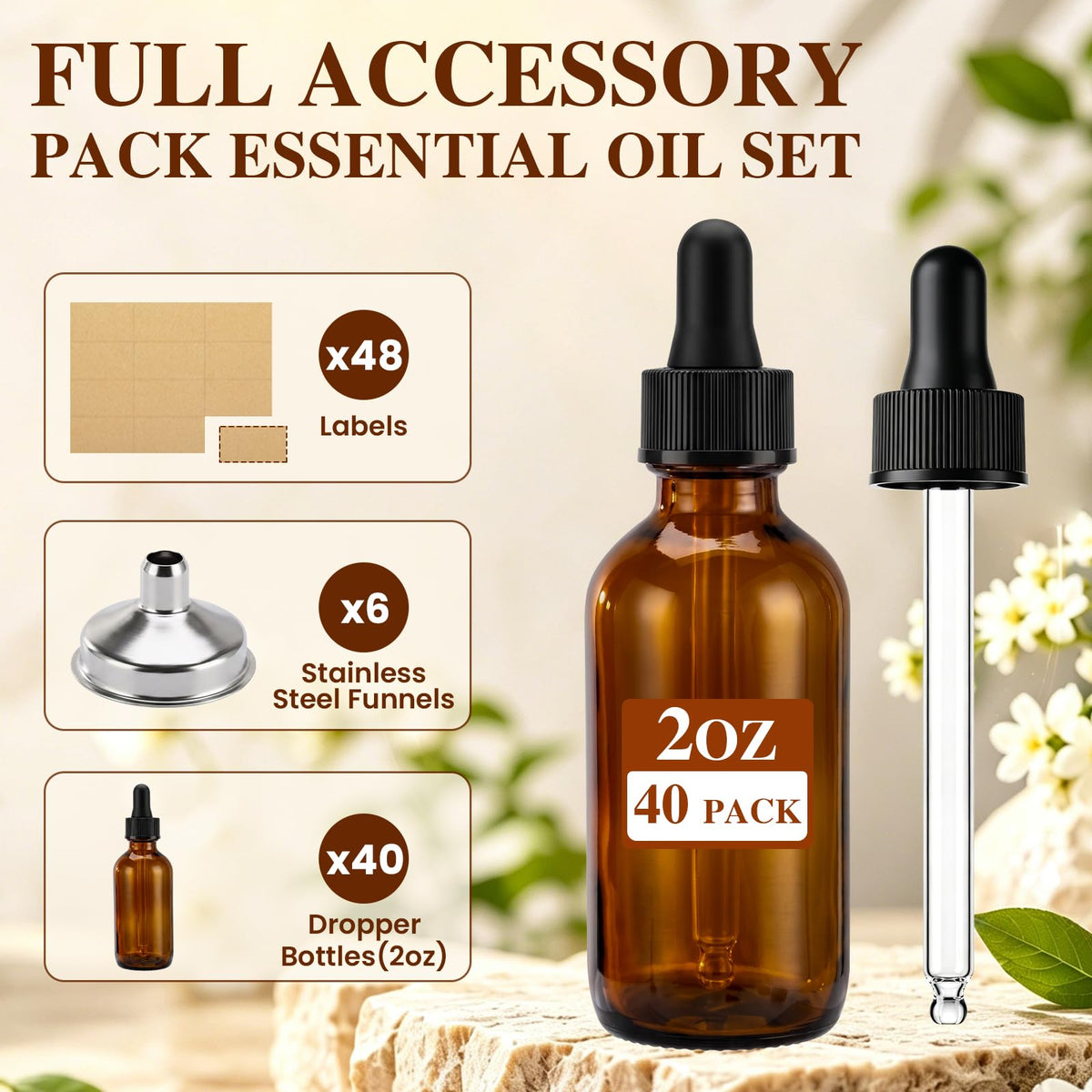 2 oz Amber Glass Dropper Bottles with Funnels, 40 Pack K565702