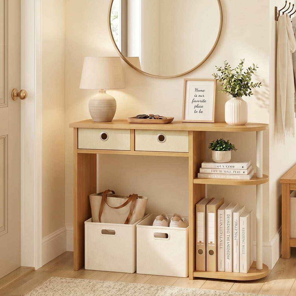 32-Inch Oak Entryway Table with 2 Fabric Drawers I499823