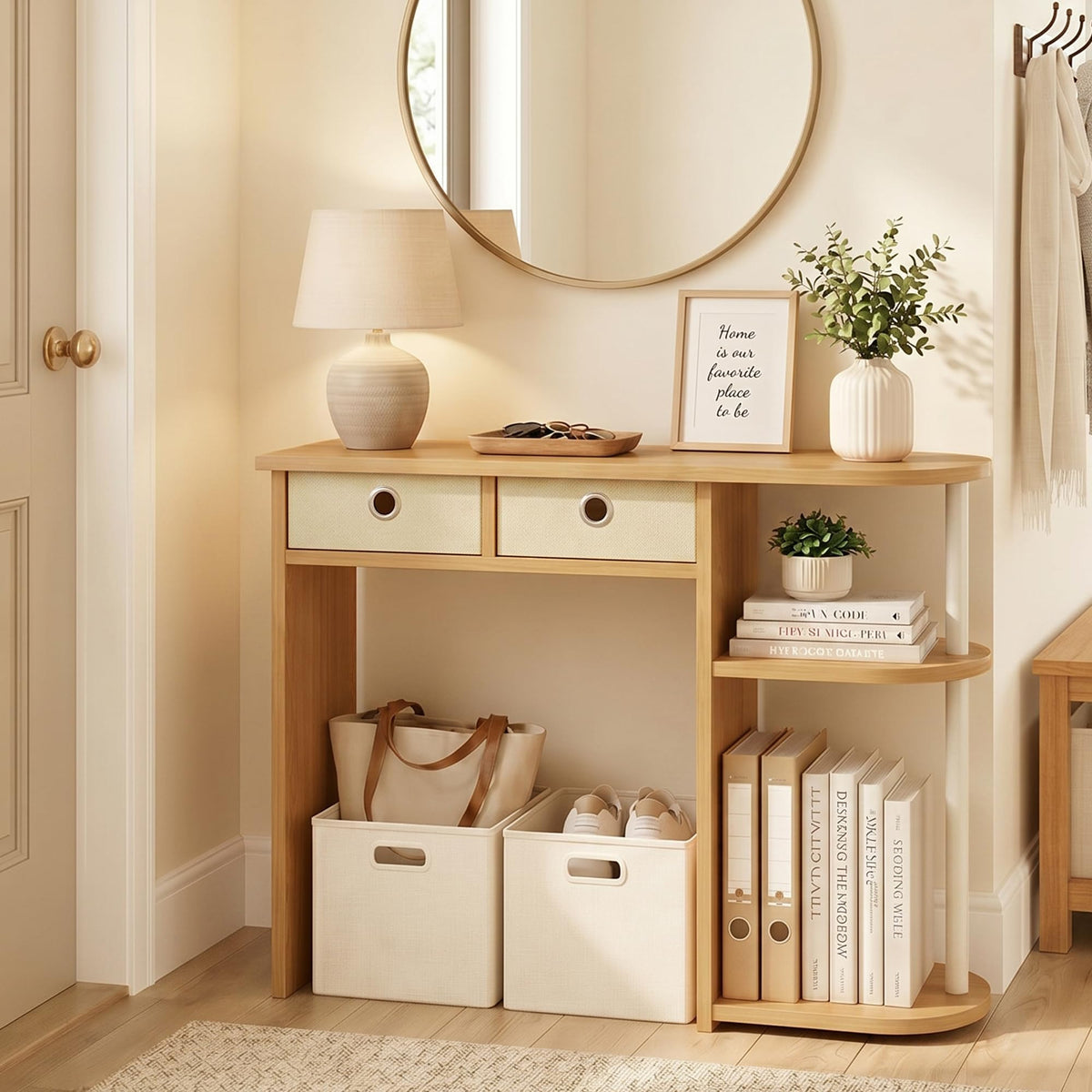 32-Inch Oak Entryway Table with 2 Fabric Drawers I499823