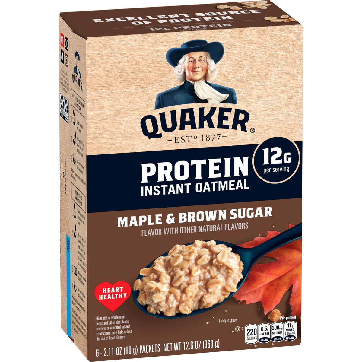Instant Oatmeal, Maple Brown Sugar, 12g Protein, 2.11 oz Packets, 6 Pack Q9193