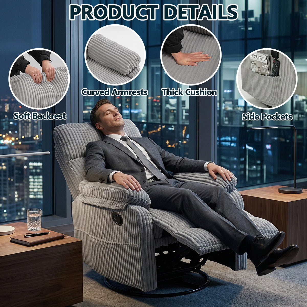 360° Swivel Rocking Corduroy Recliner T327477