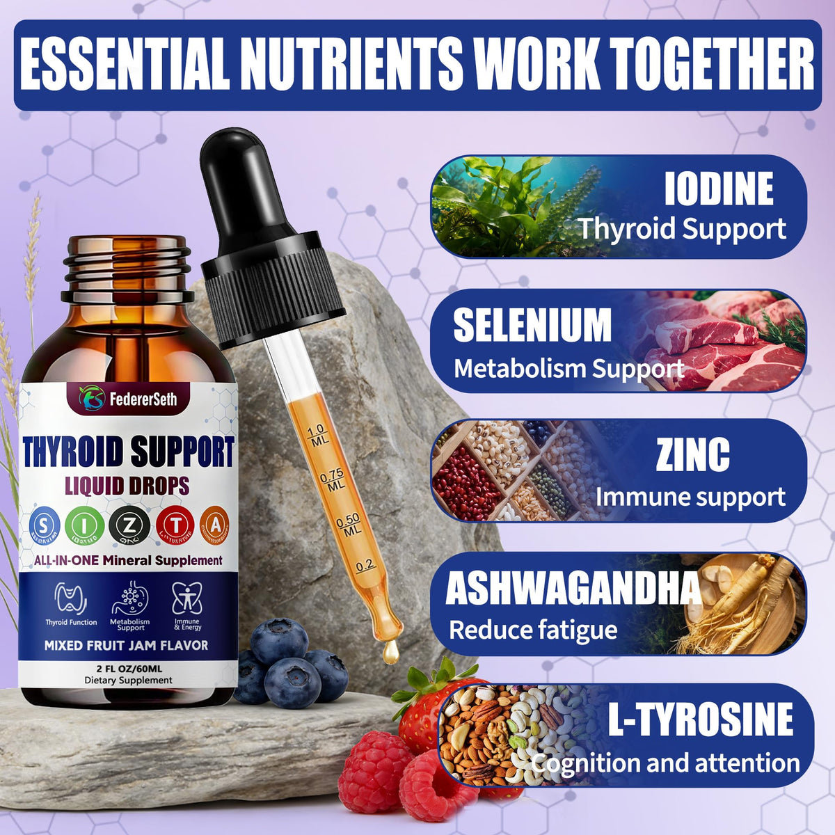 Liquid Thyroid Support Supplement with Selenium Zinc Iodine 2 Fl. Oz I88422