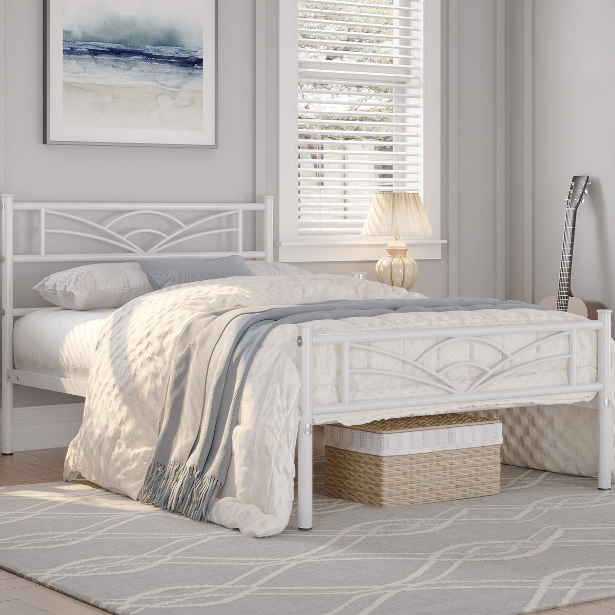 Twin Size White Metal Bed Frame with Headboard G785