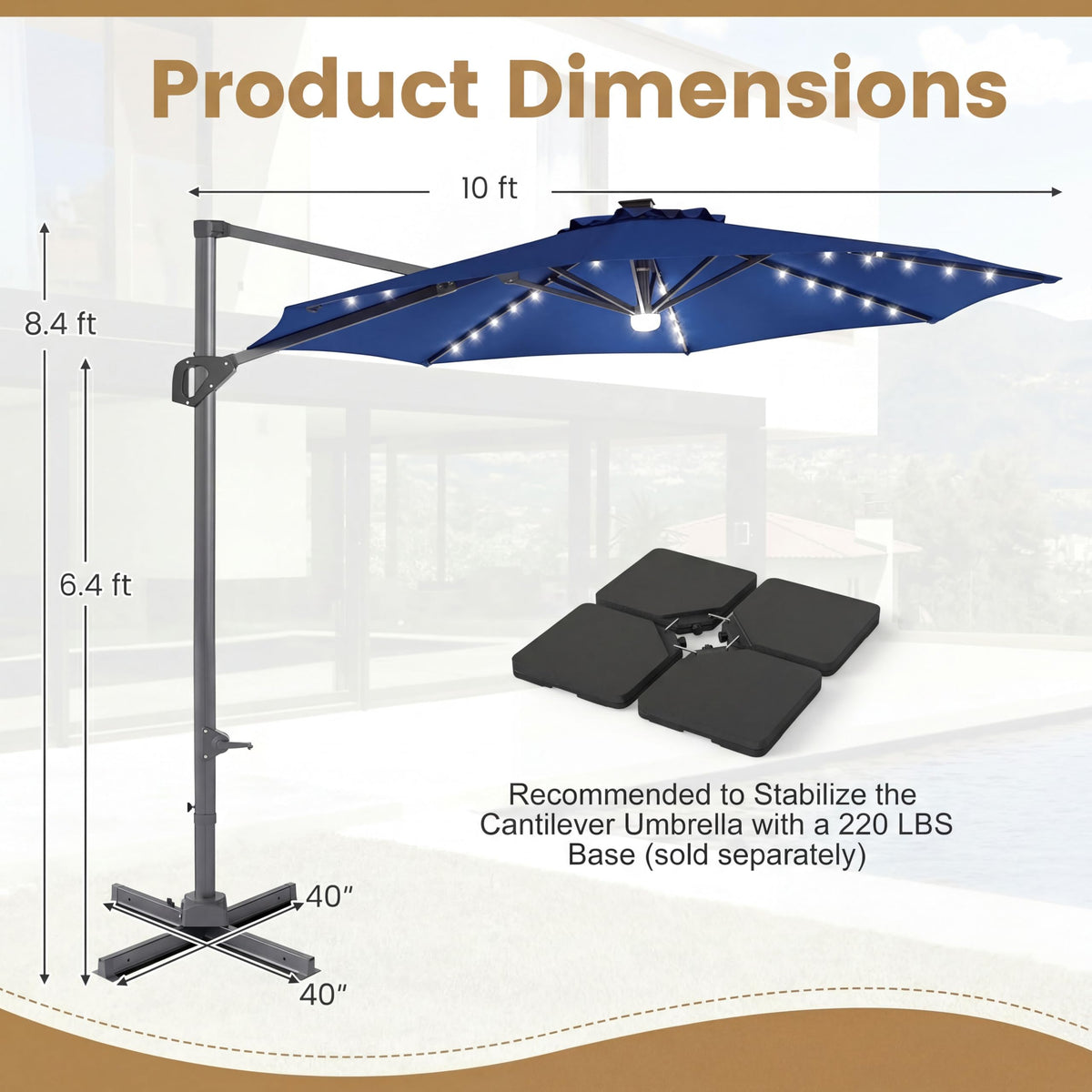 10 FT Solar LED Cantilever Patio Umbrella H50854