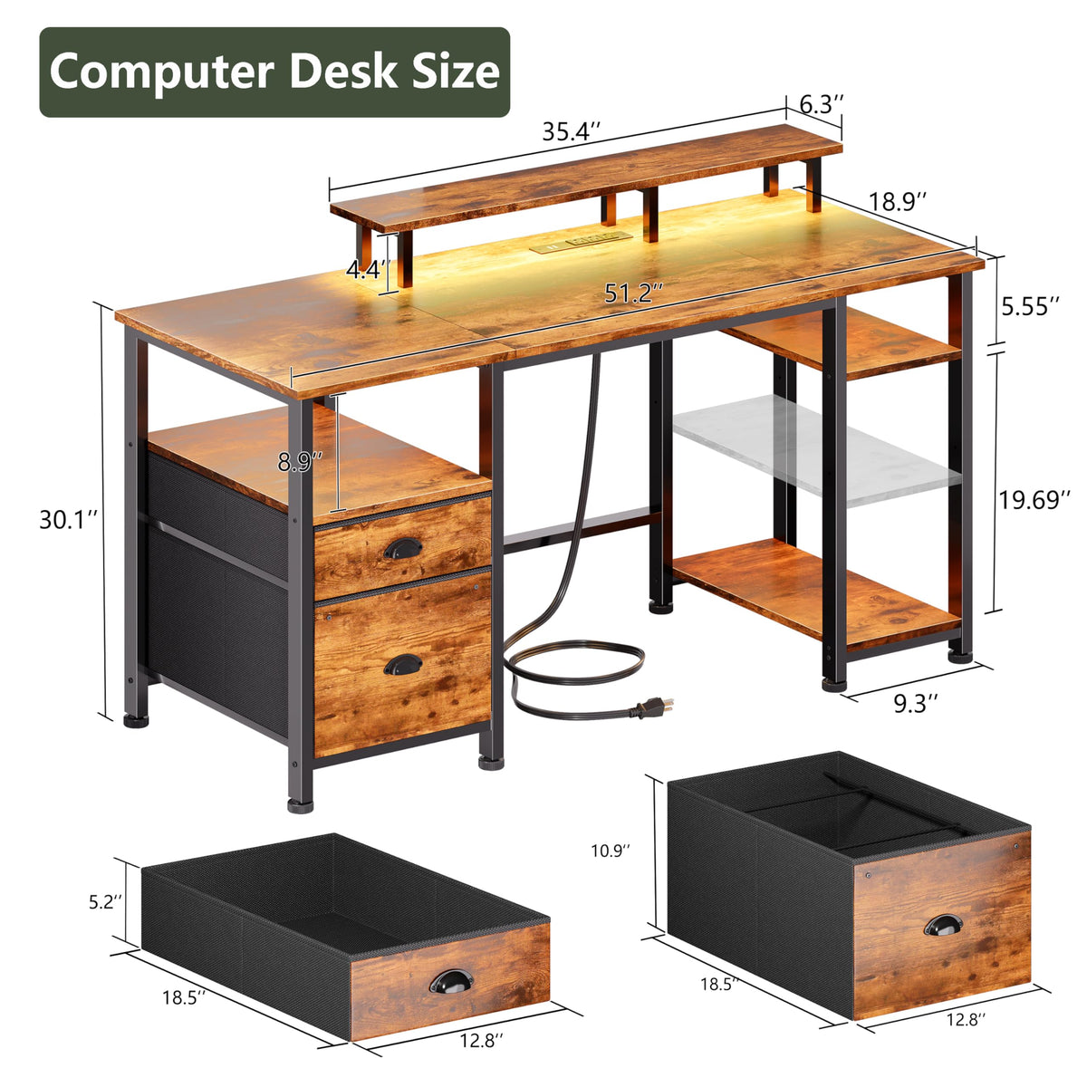 51" Computer Desk with Outlets & LED, Brown N19902