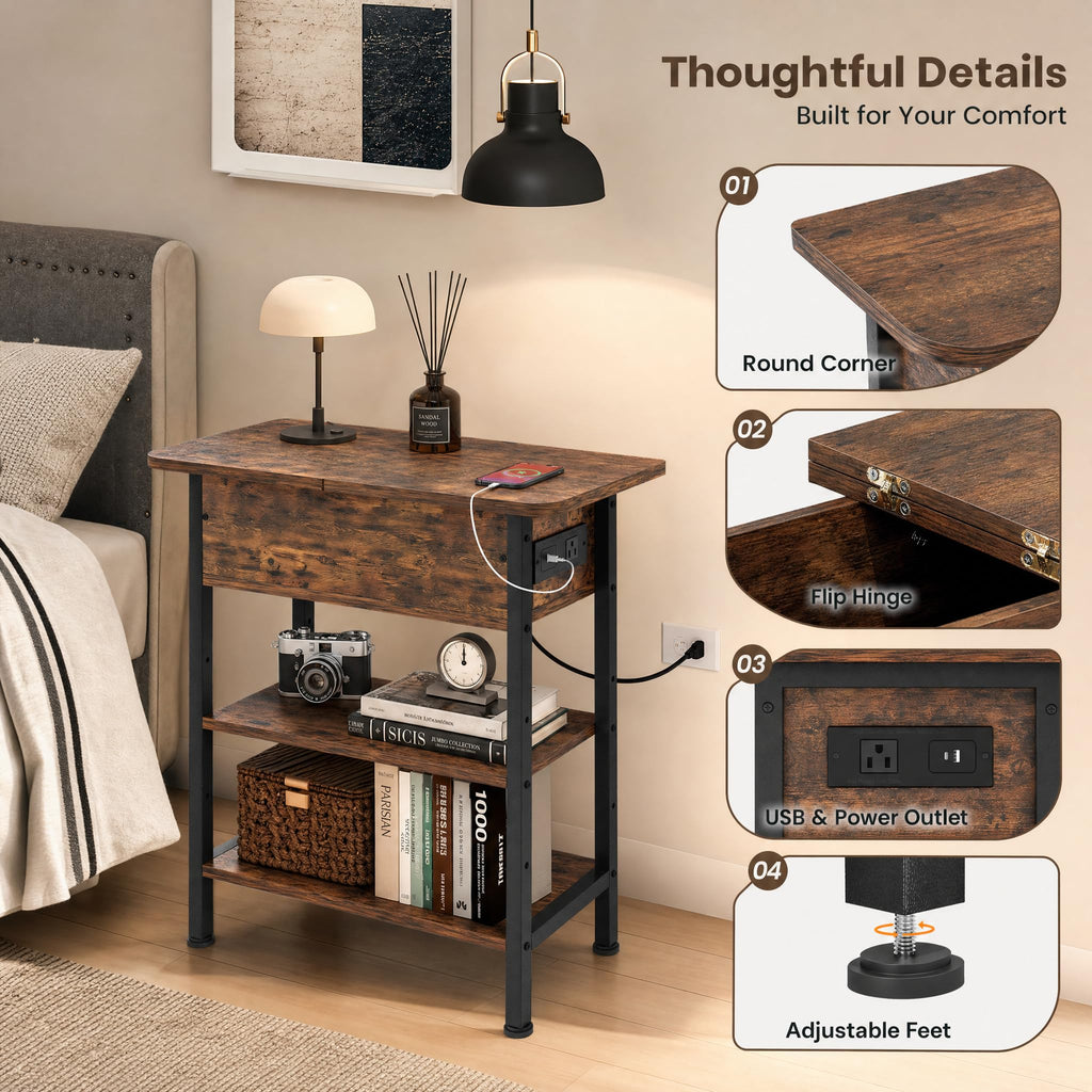 Brown Flip Top End Table with Charging Station and 3 Tier Storage D9529