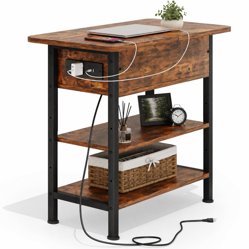 Brown Flip Top End Table with Charging Station and 3 Tier Storage D9529