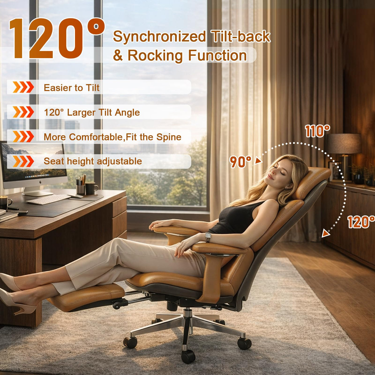 Ergonomic Genuine Leather Office Chair with Footrest O84566