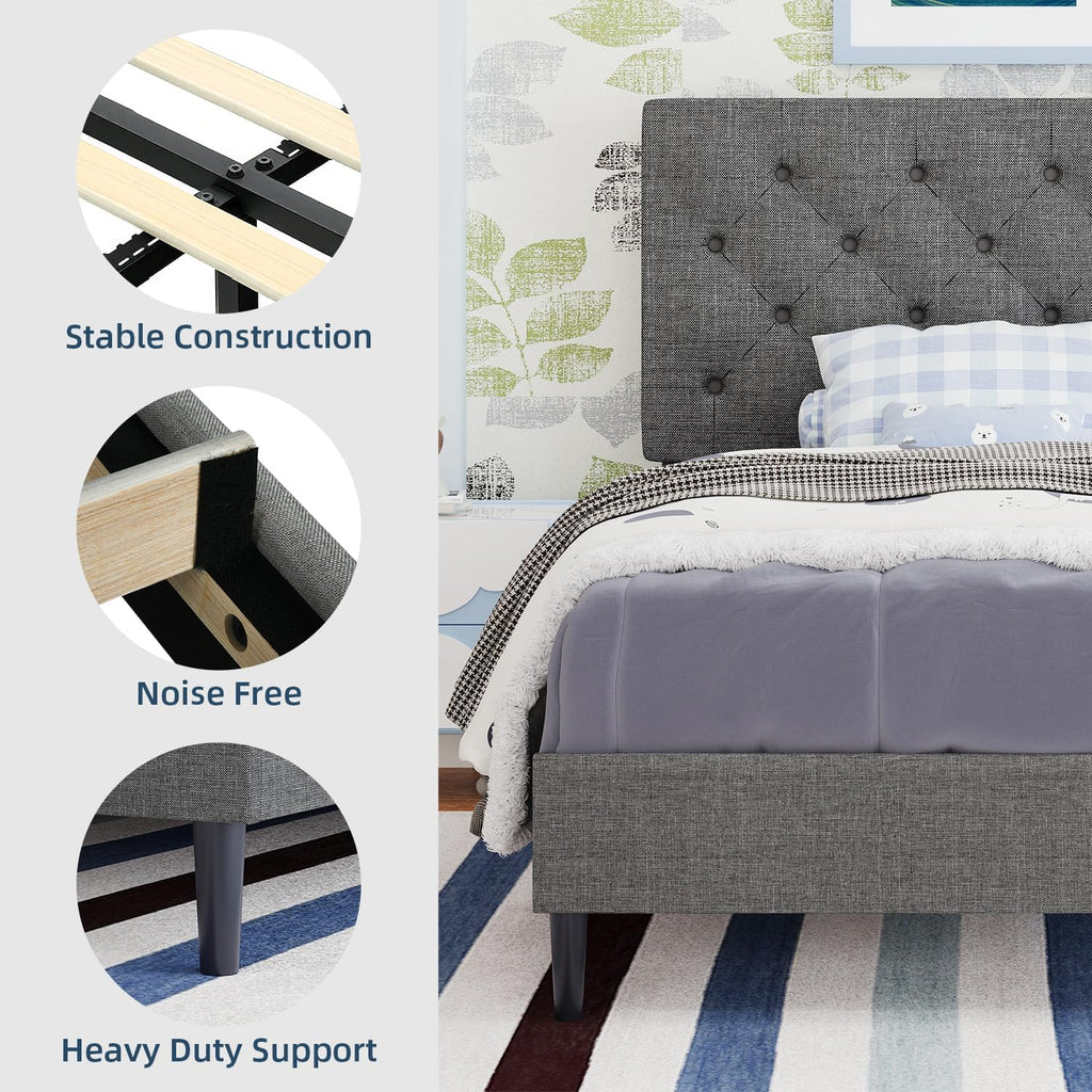 Light Grey Twin Bed Frame with Adjustable Tufted Headboard J6610