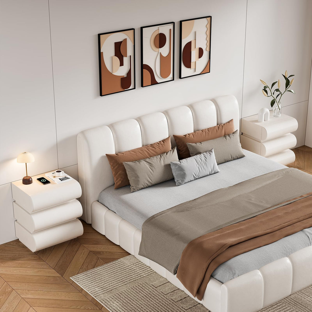 Off White Faux Leather 3 Drawer Nightstand Q54723