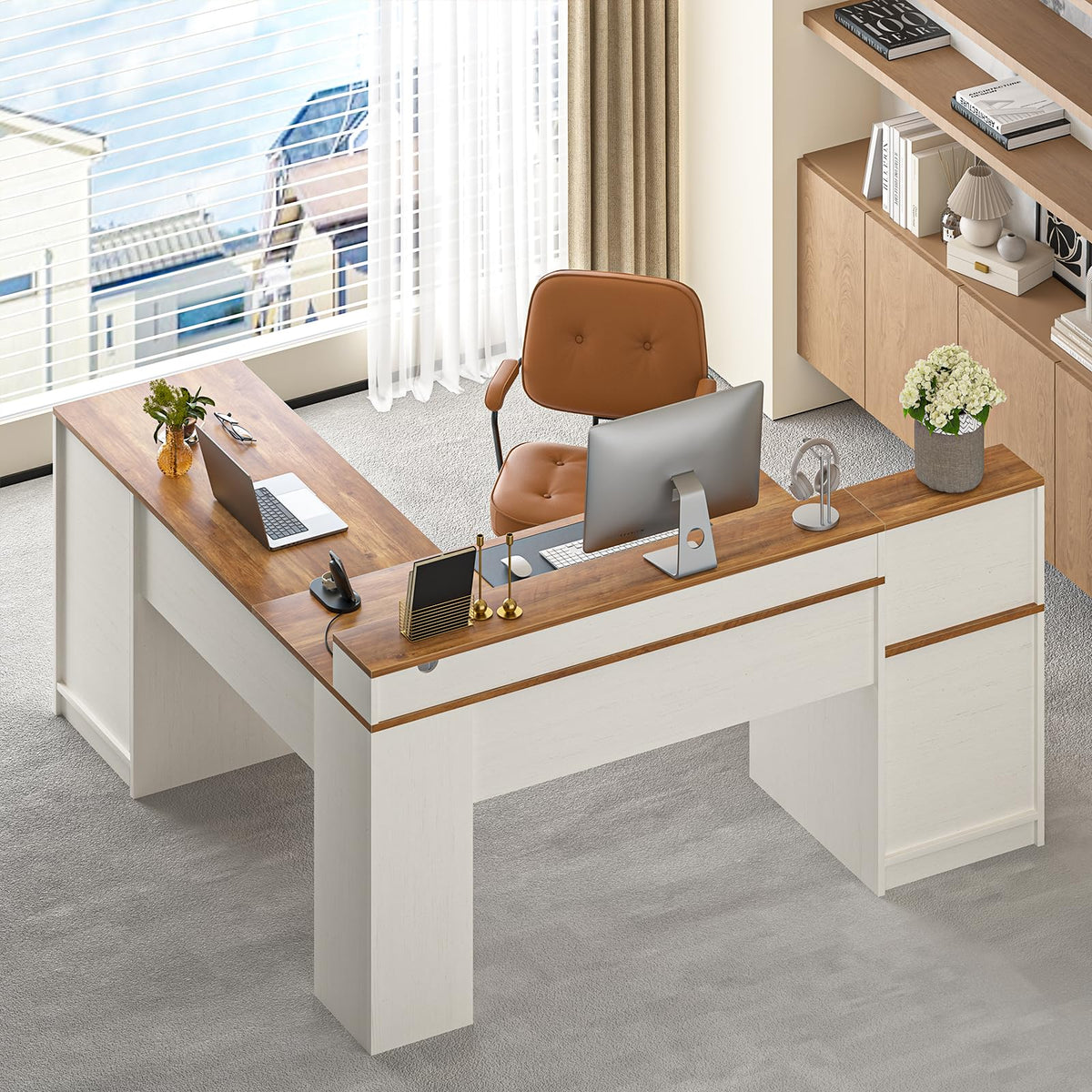 63" L Shaped Desk with Drawers & Printer Shelf G7575