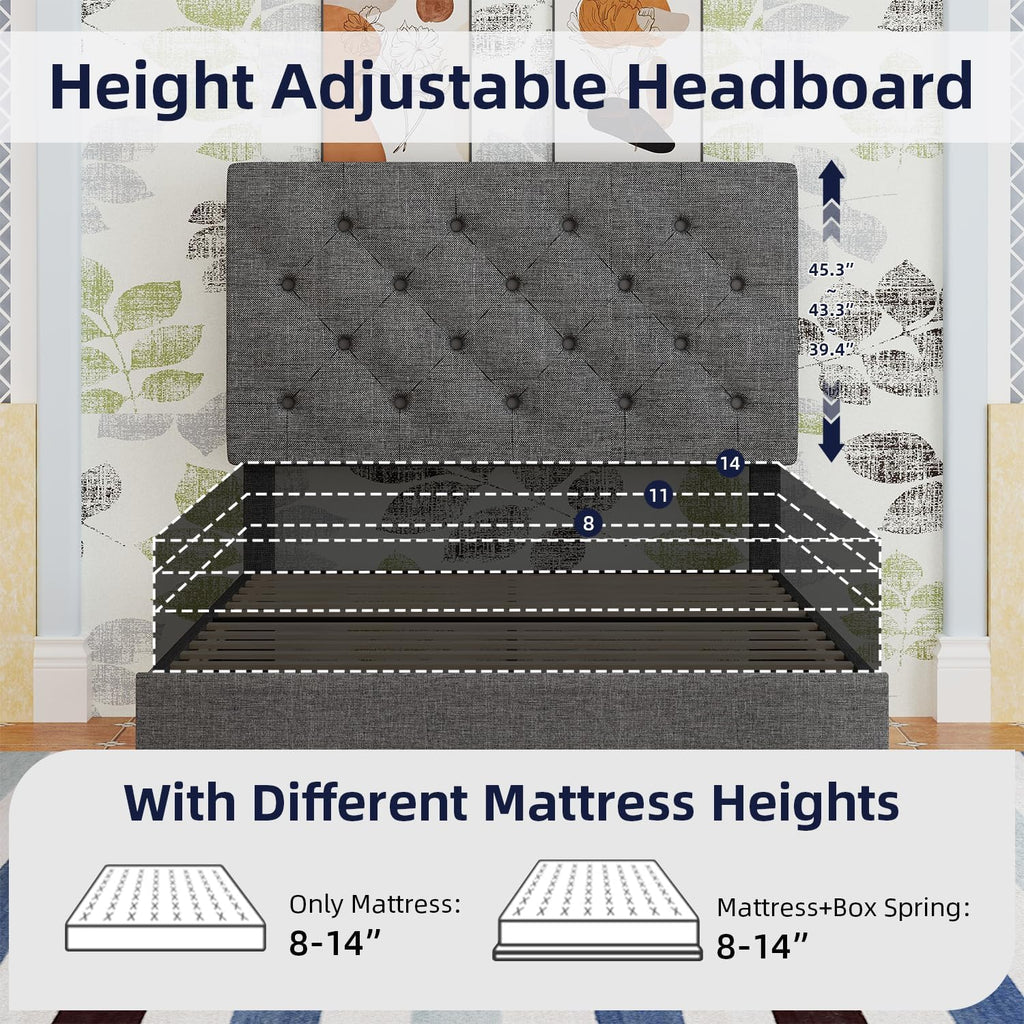 Light Grey Twin Bed Frame with Adjustable Tufted Headboard J6610