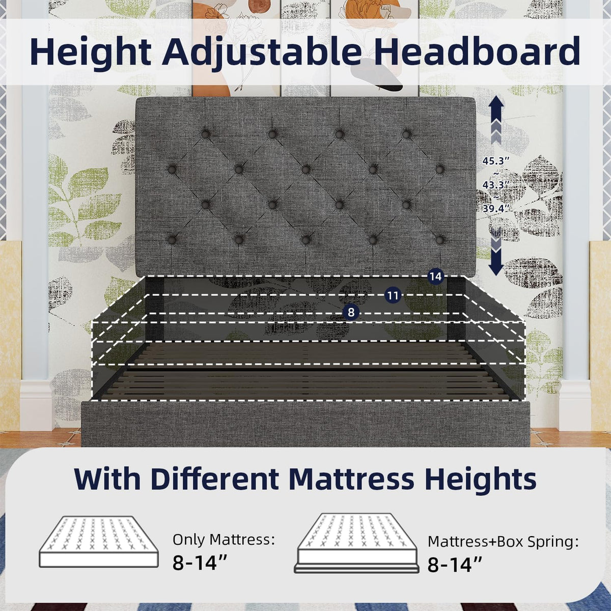 Light Grey Twin Bed Frame with Adjustable Tufted Headboard J6610