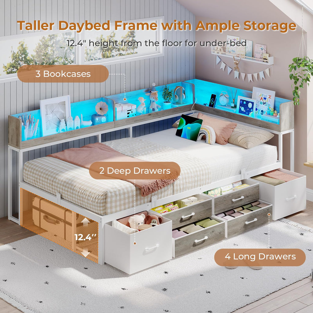 Twin Corner Bed Frame with Storage Bookcase and 6 Drawers H40033