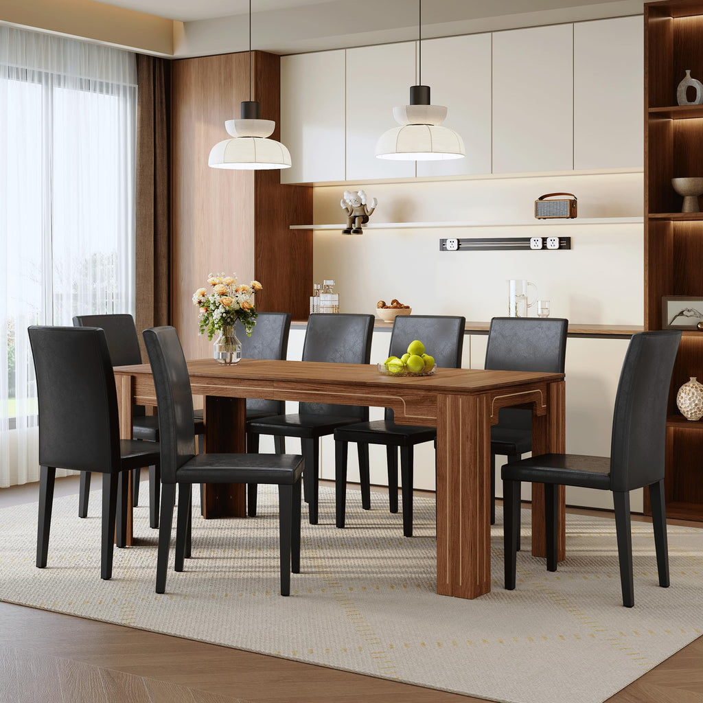 9 Piece Walnut Wood Grain Dining Table Set with 8 Black Chairs I9152