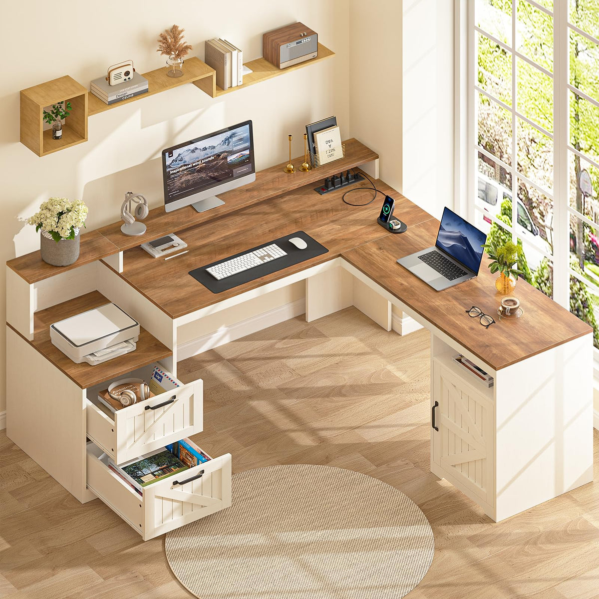 63" L Shaped Desk with Drawers & Printer Shelf G7575