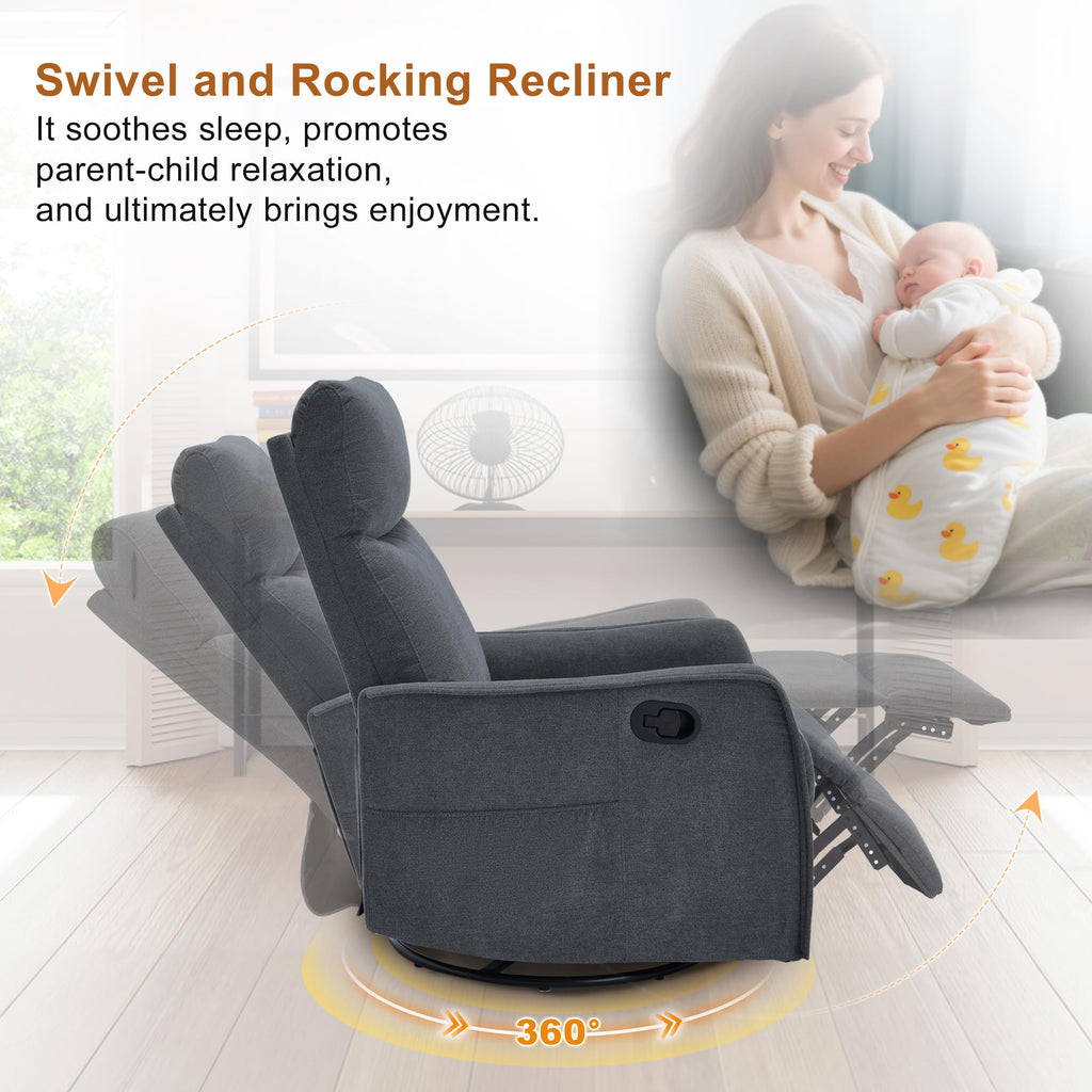 Dark Gray Swivel Rocker Recliner Chair with Vibration Massage and Heat D700378
