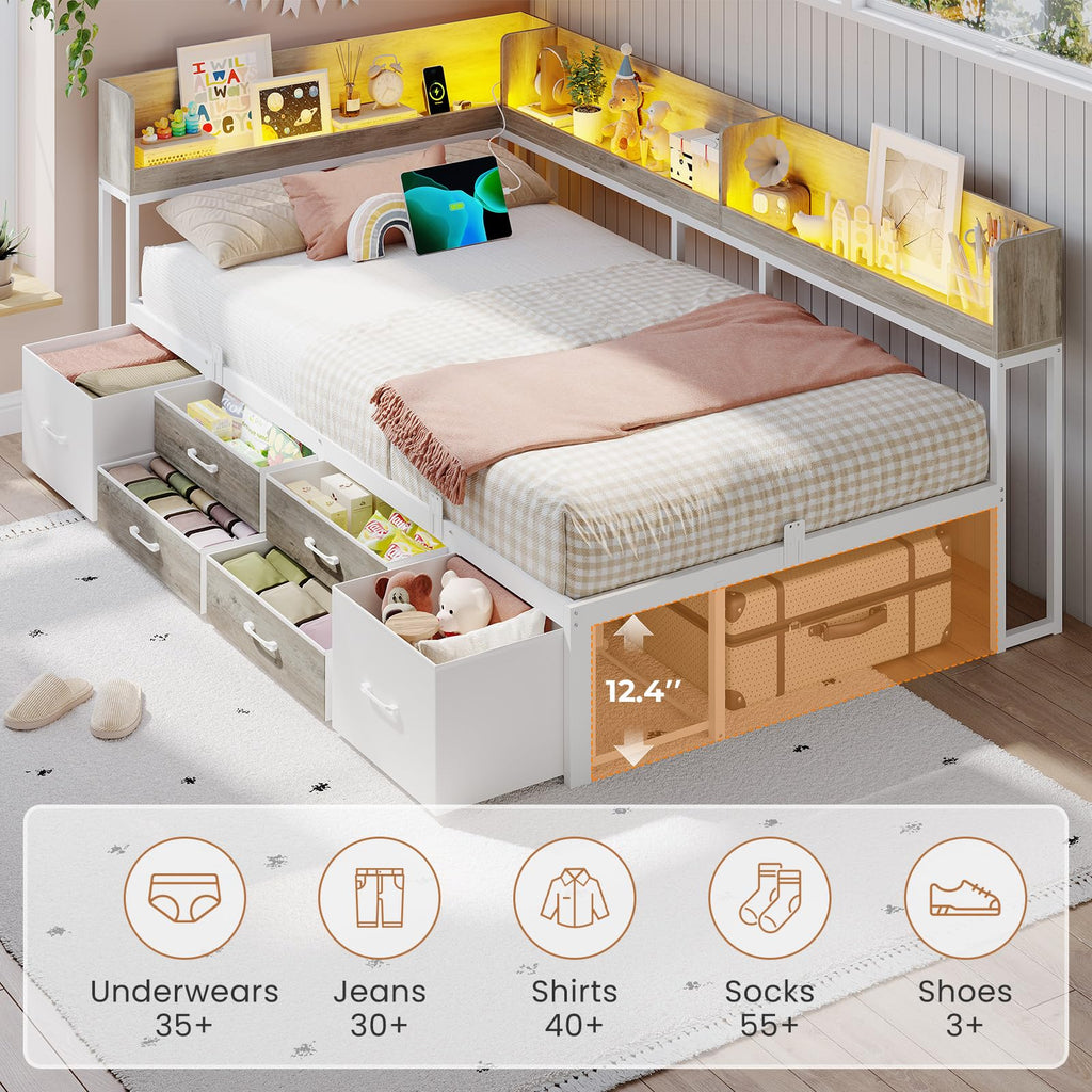 Twin Corner Bed Frame with Storage Bookcase and 6 Drawers H40033