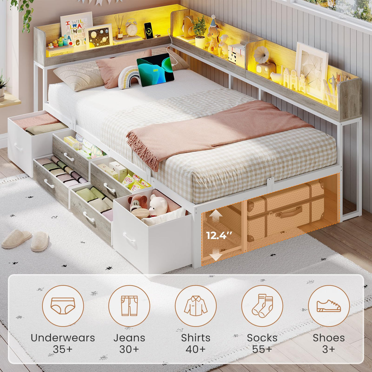 Twin Corner Bed Frame with Storage Bookcase and 6 Drawers H40033