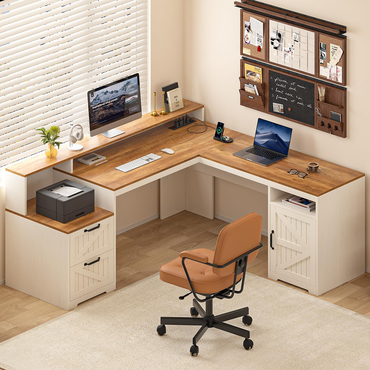 63" L Shaped Desk with Drawers & Printer Shelf G7575