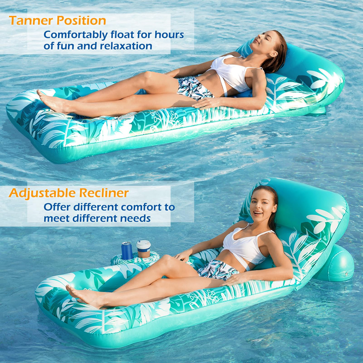 Inflatable Pool Float Lounger with Adjustable Backrest Cup Holders F962208