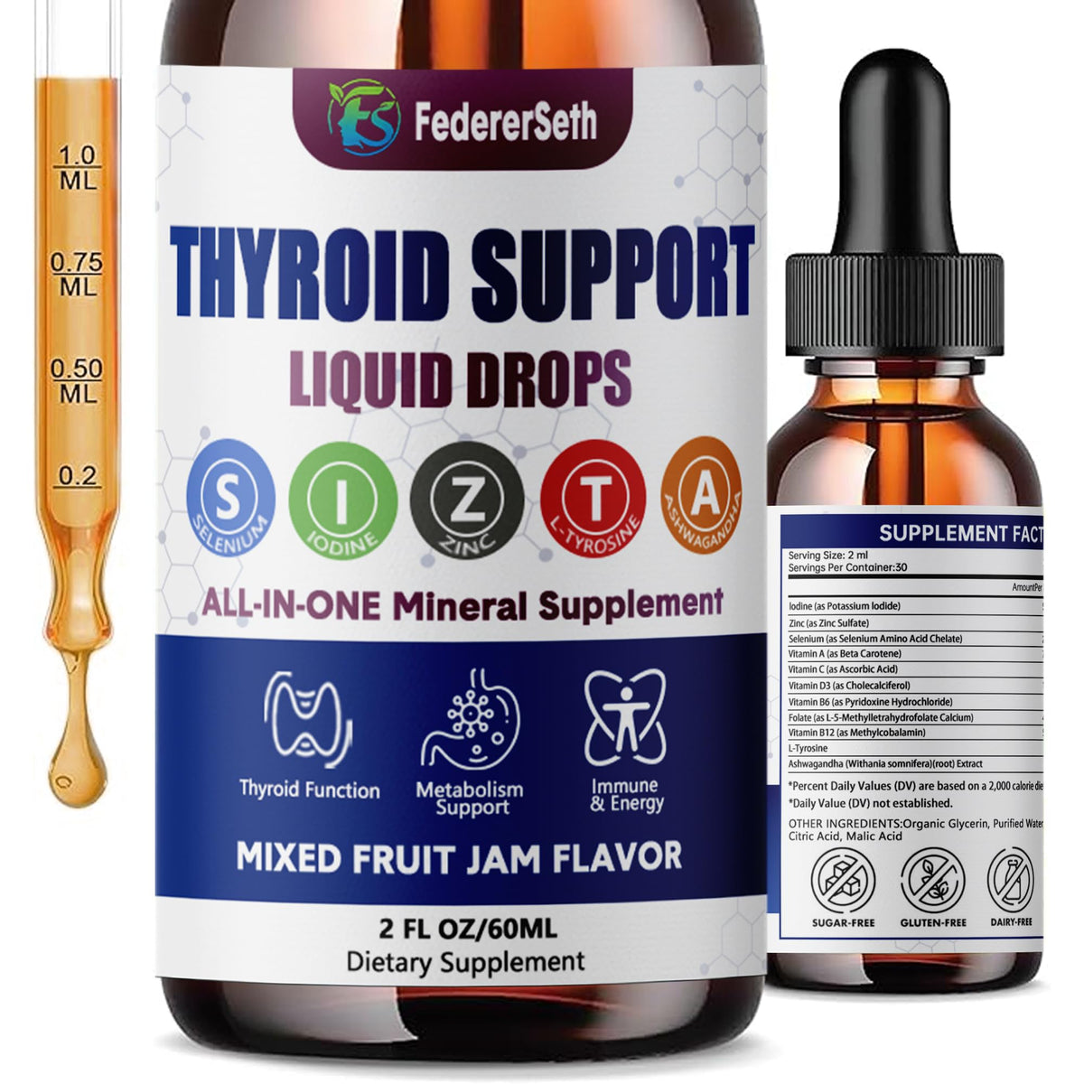 Liquid Thyroid Support Supplement with Selenium Zinc Iodine 2 Fl. Oz I88422