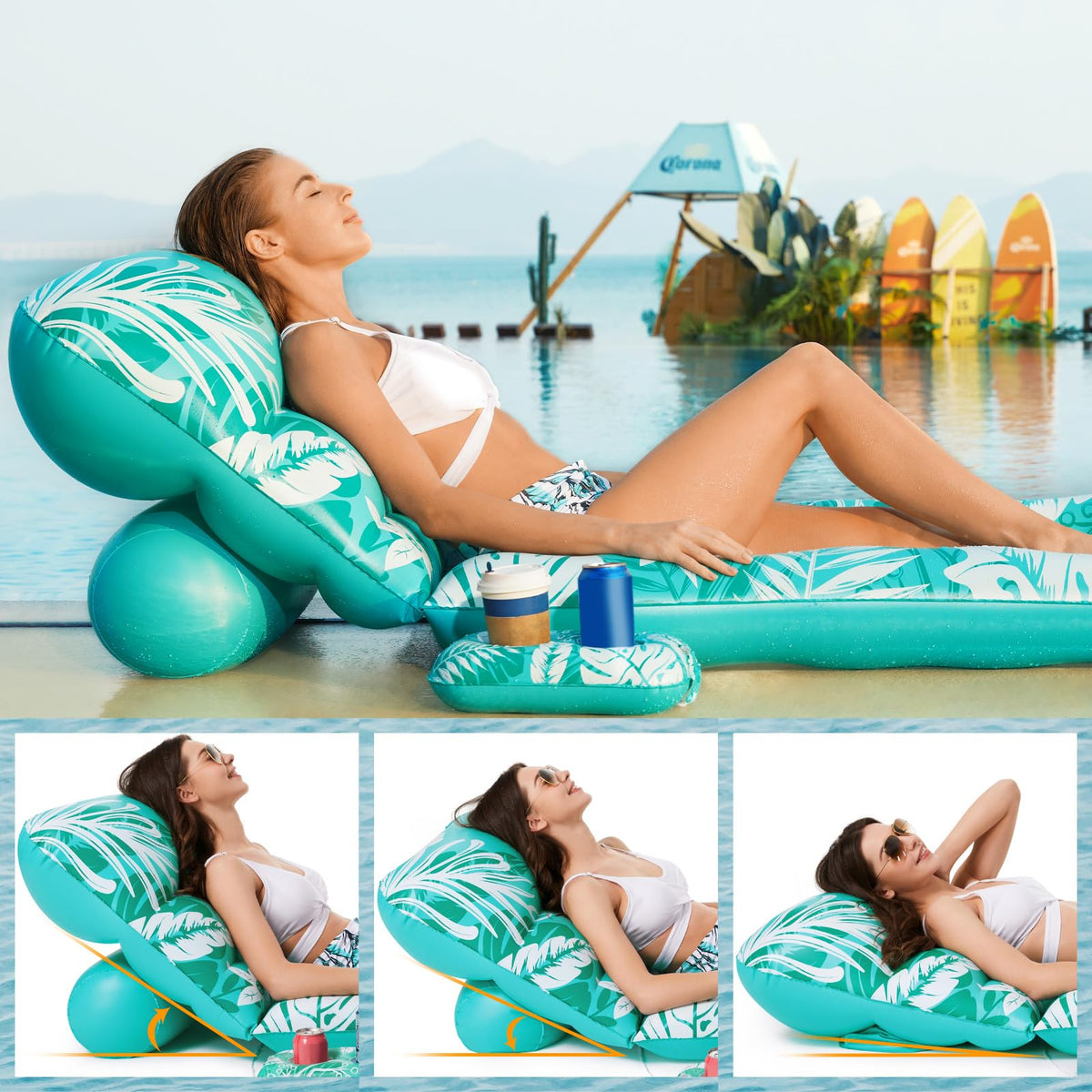 Inflatable Pool Float Lounger with Adjustable Backrest Cup Holders F962208