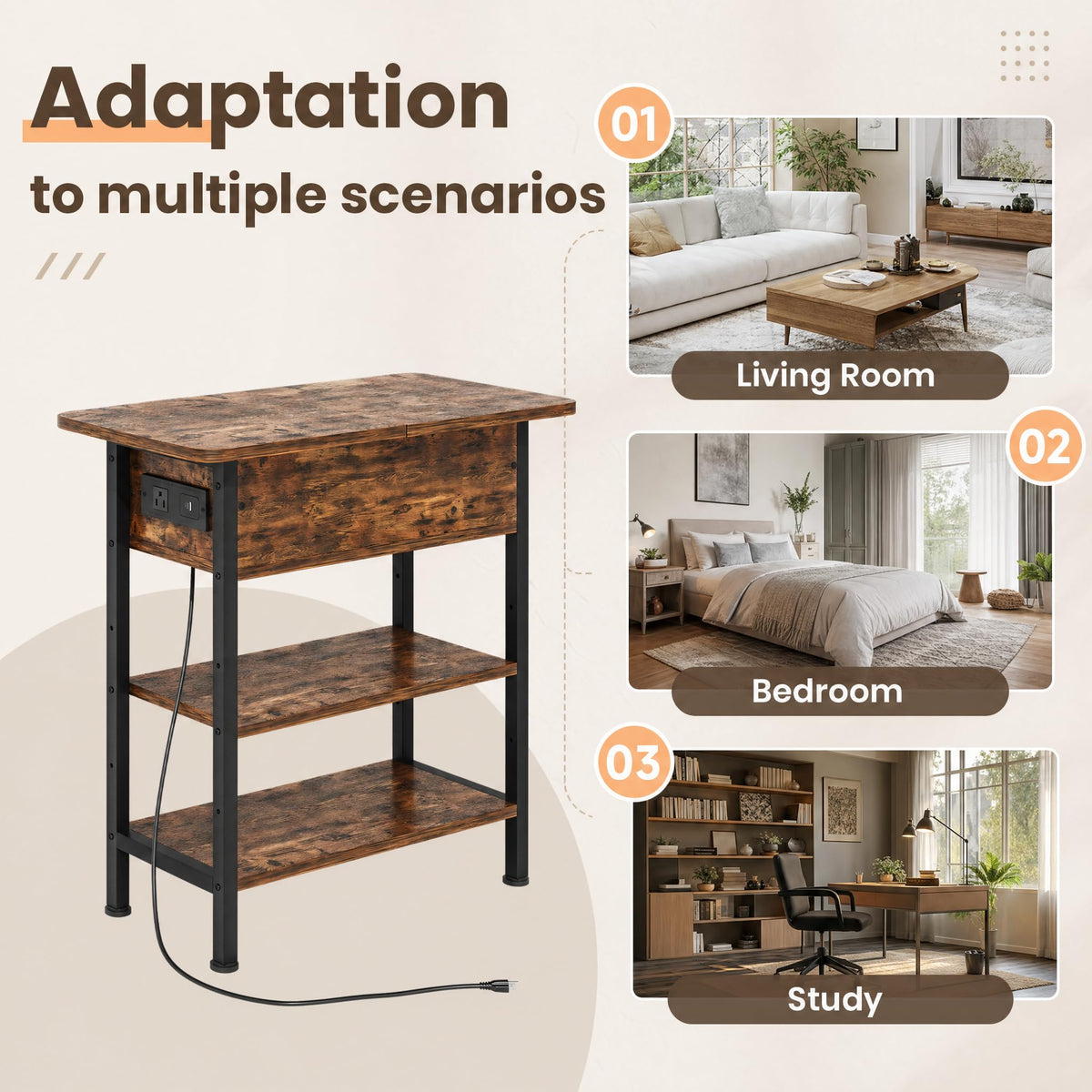 Brown Flip Top End Table with Charging Station and 3 Tier Storage D9529
