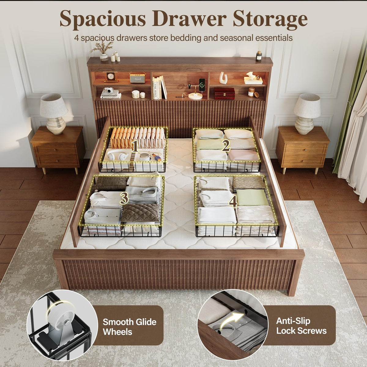 Queen Size Bed Frame with 4 Storage Drawers Z5315