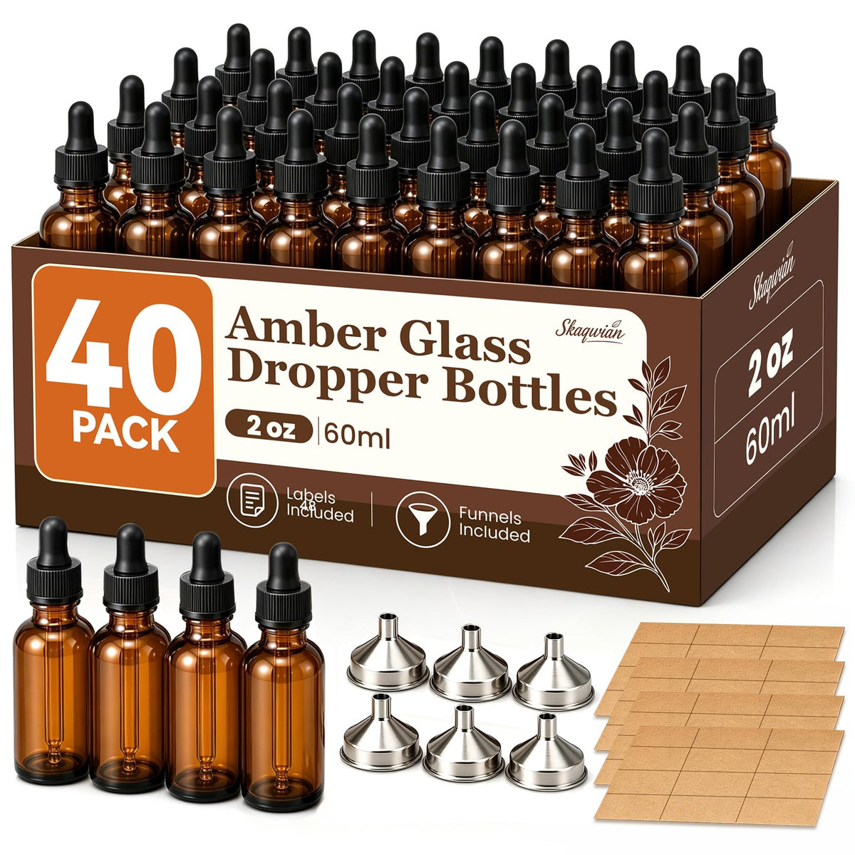 2 oz Amber Glass Dropper Bottles with Funnels, 40 Pack K565702