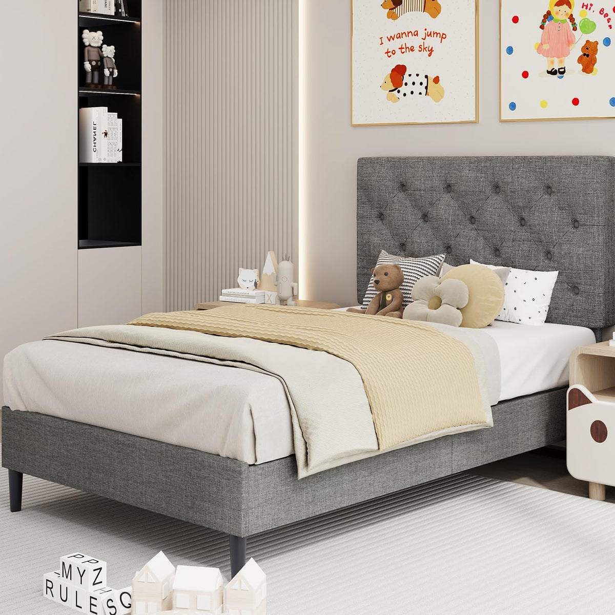 Light Grey Twin Bed Frame with Adjustable Tufted Headboard J6610