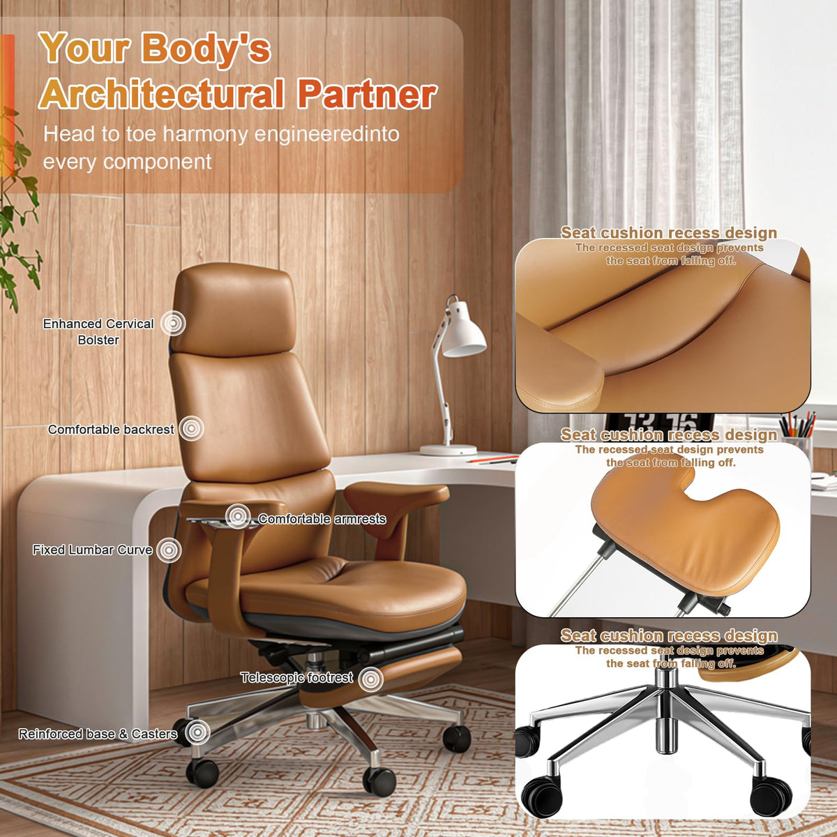Ergonomic Genuine Leather Office Chair with Footrest O84566