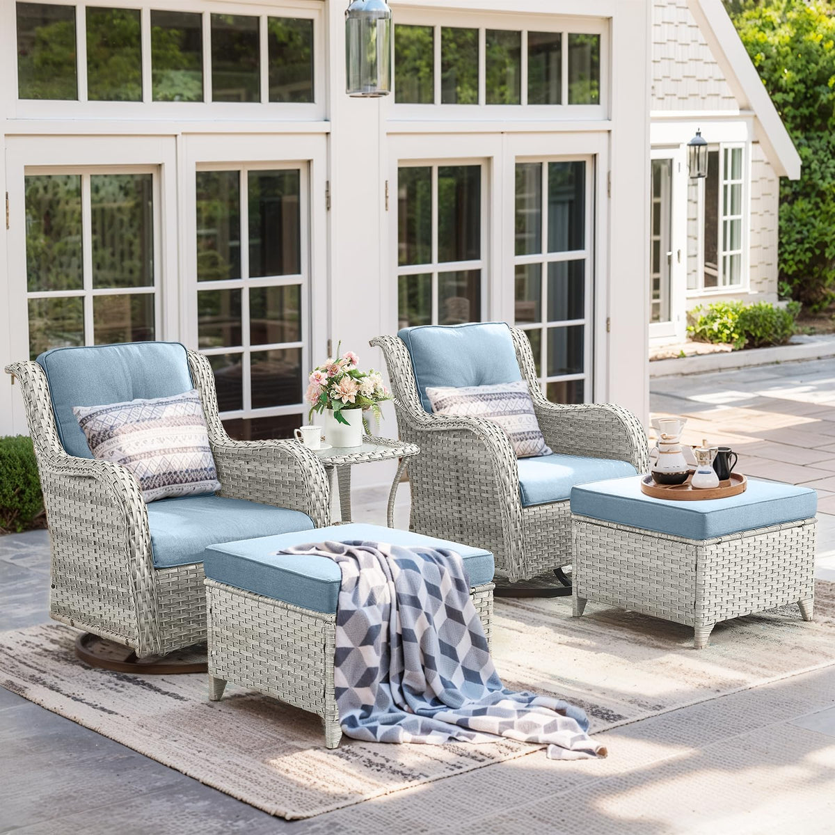 5 Piece Outdoor Swivel Rocker Chairs with Ottomans R891