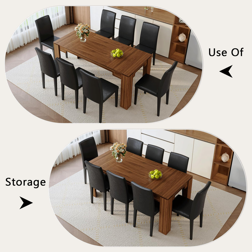 9 Piece Walnut Wood Grain Dining Table Set with 8 Black Chairs I9152