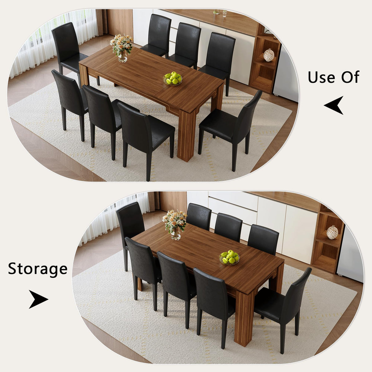 9 Piece Walnut Wood Grain Dining Table Set with 8 Black Chairs I9152
