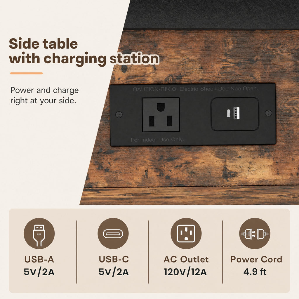 Brown Flip Top End Table with Charging Station and 3 Tier Storage D9529