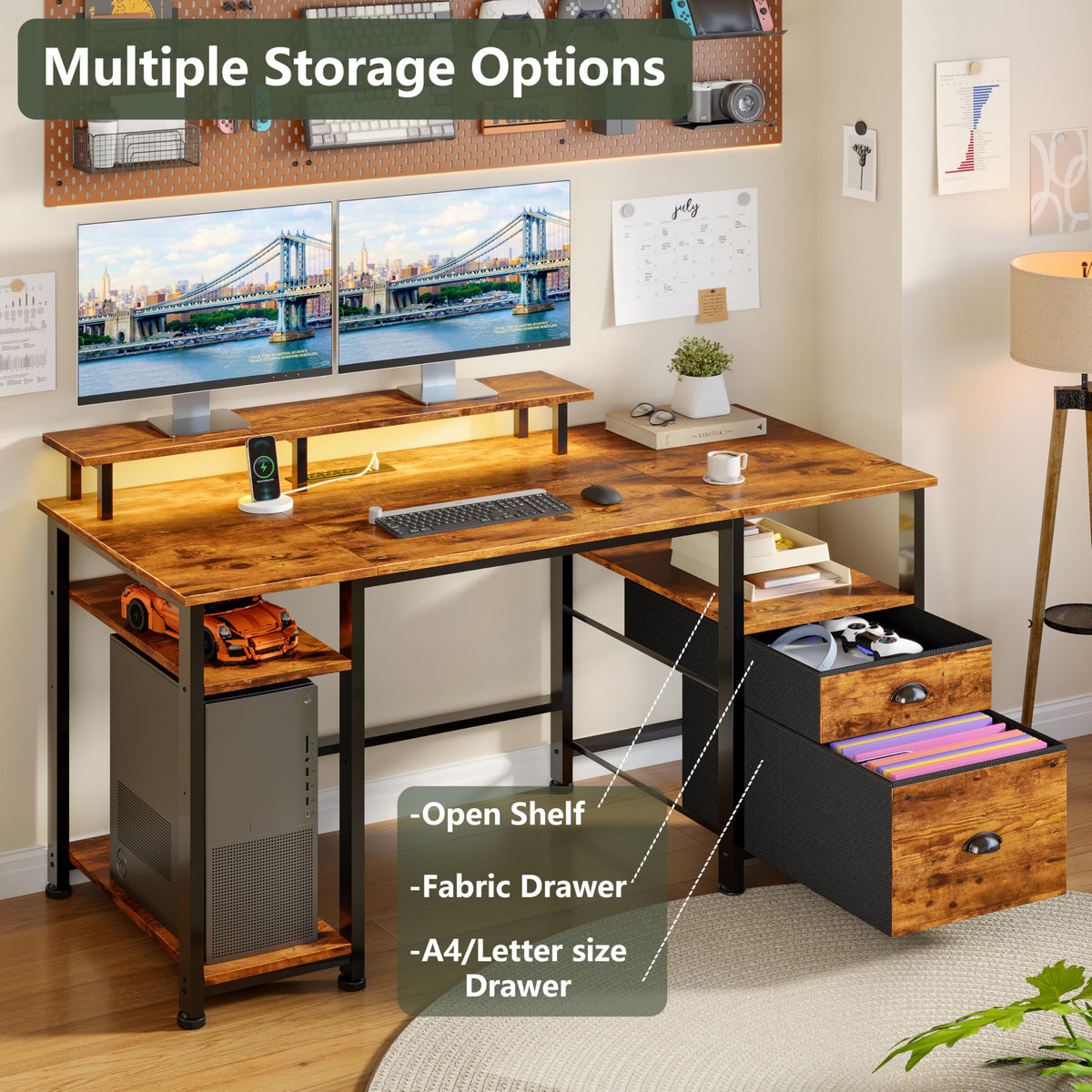 51" Computer Desk with Outlets & LED, Brown N19902