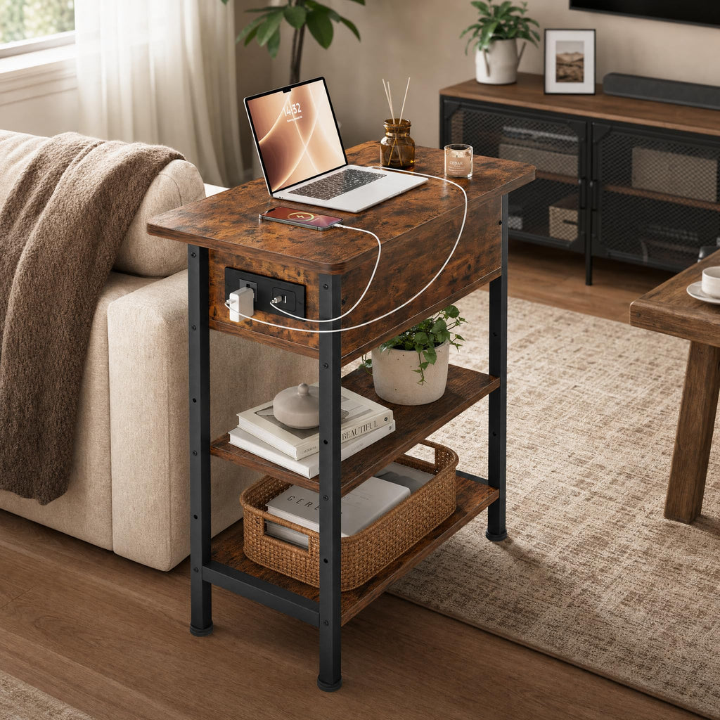 Brown Flip Top End Table with Charging Station and 3 Tier Storage D9529