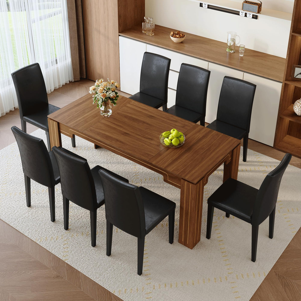 9 Piece Walnut Wood Grain Dining Table Set with 8 Black Chairs I9152