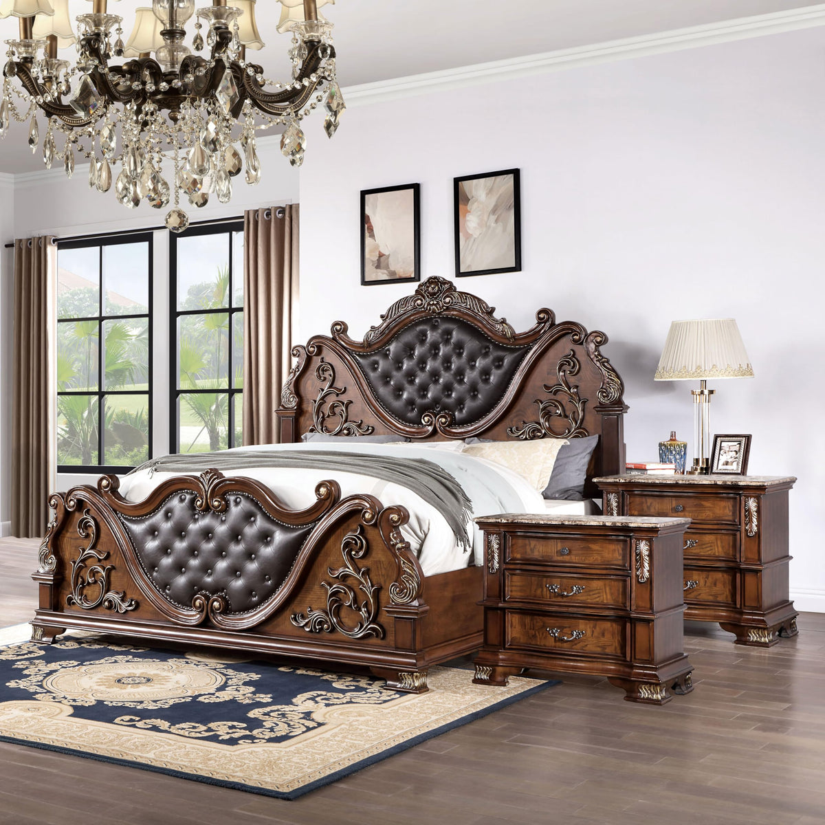 Wood 3-Piece California King Bedroom Set with Marble Top Nightstand Z390220